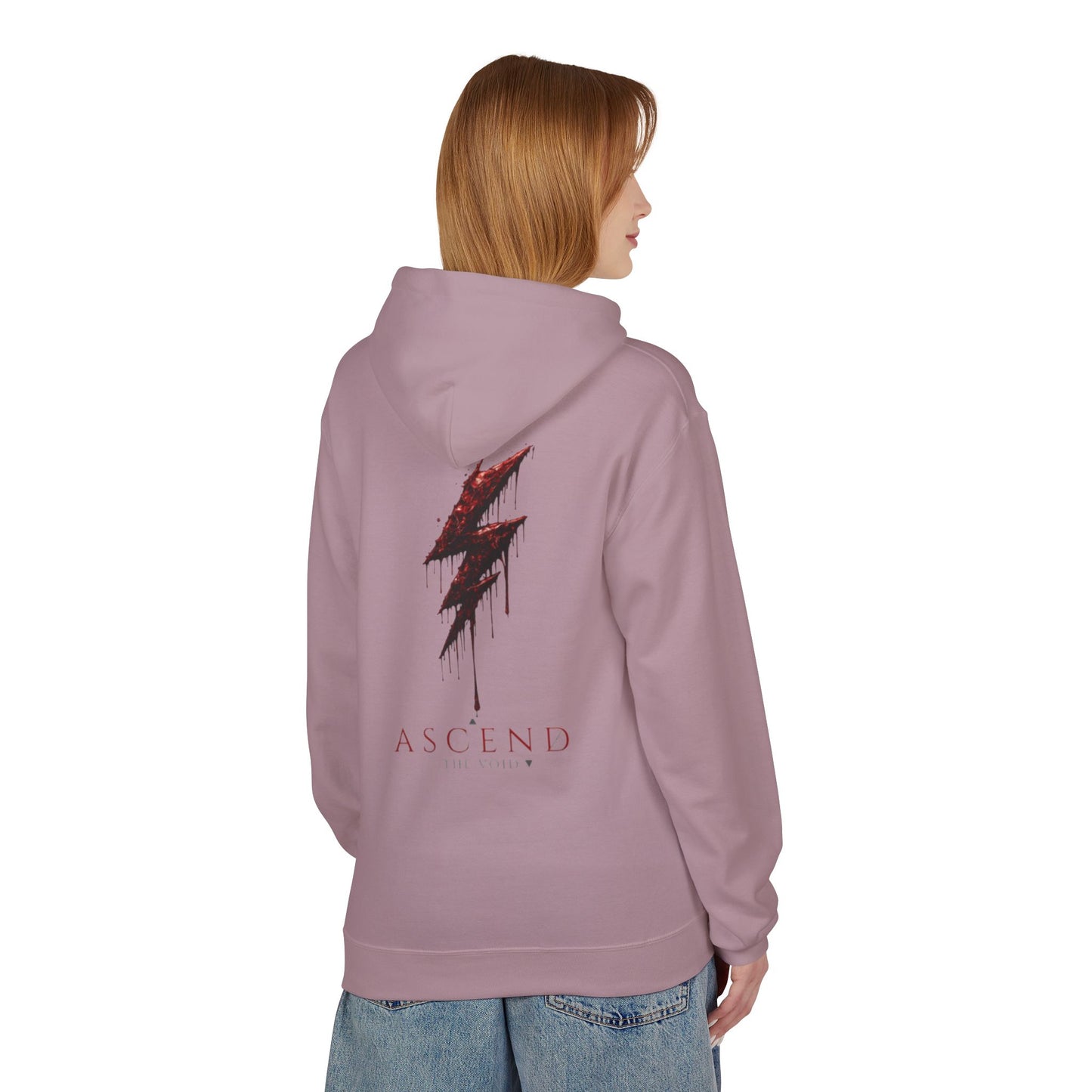 Hoodie — 'ASCEND The Void' Minimalist Logo Pullover with Red Lightning Back Graphic