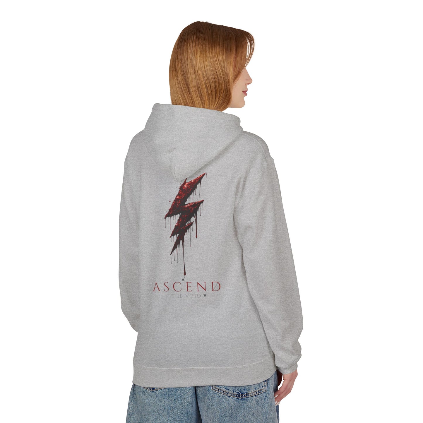 Hoodie — 'ASCEND The Void' Minimalist Logo Pullover with Red Lightning Back Graphic