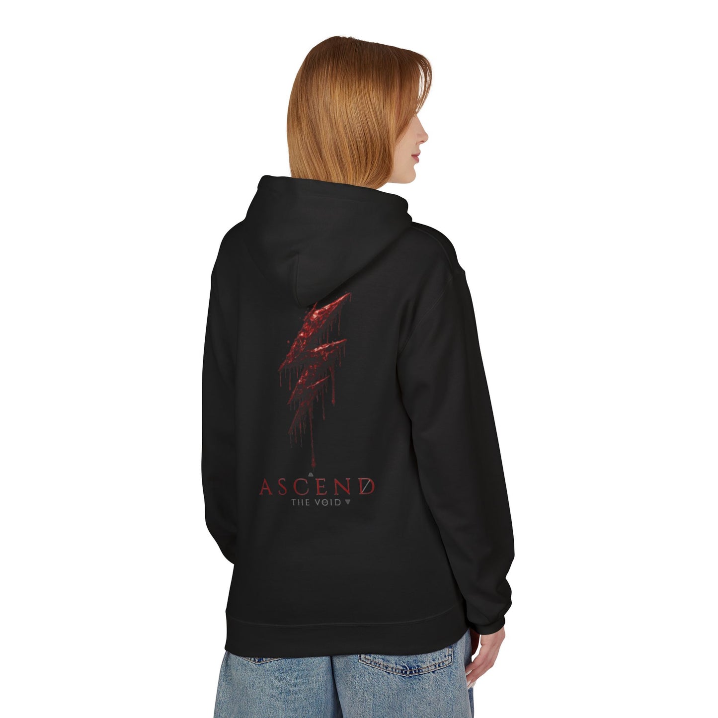 Hoodie — 'ASCEND The Void' Minimalist Logo Pullover with Red Lightning Back Graphic