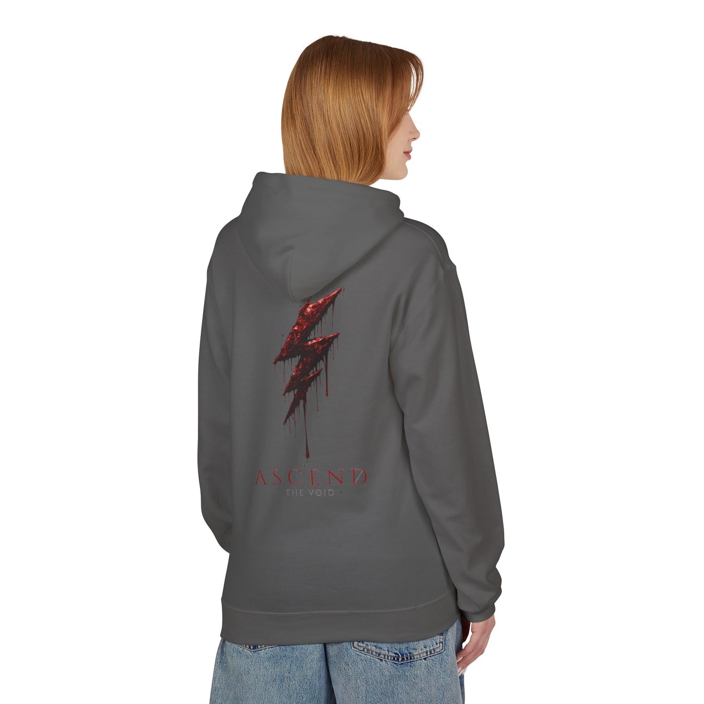 Hoodie — 'ASCEND The Void' Minimalist Logo Pullover with Red Lightning Back Graphic