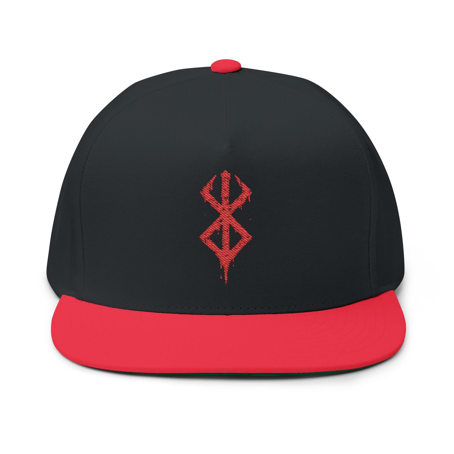 Embroidered Red Viking Rune Flat Bill Cap — Nordic Symbol Snapback Hat