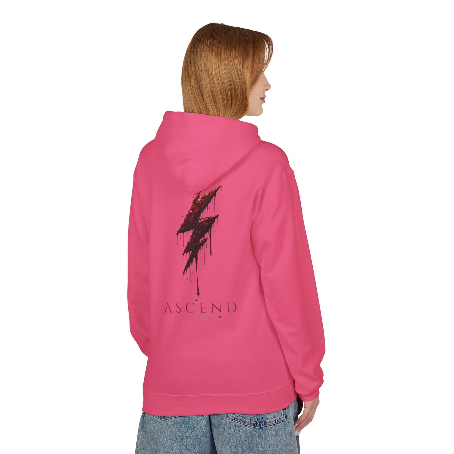 Hoodie — 'ASCEND The Void' Minimalist Logo Pullover with Red Lightning Back Graphic