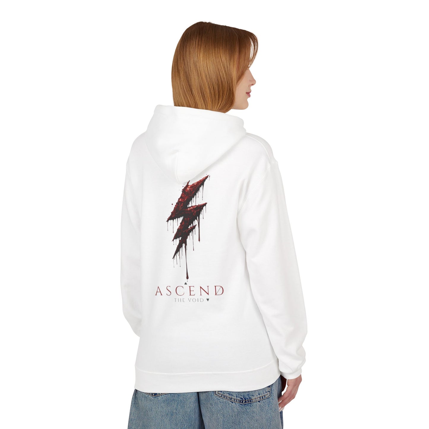 Hoodie — 'ASCEND The Void' Minimalist Logo Pullover with Red Lightning Back Graphic