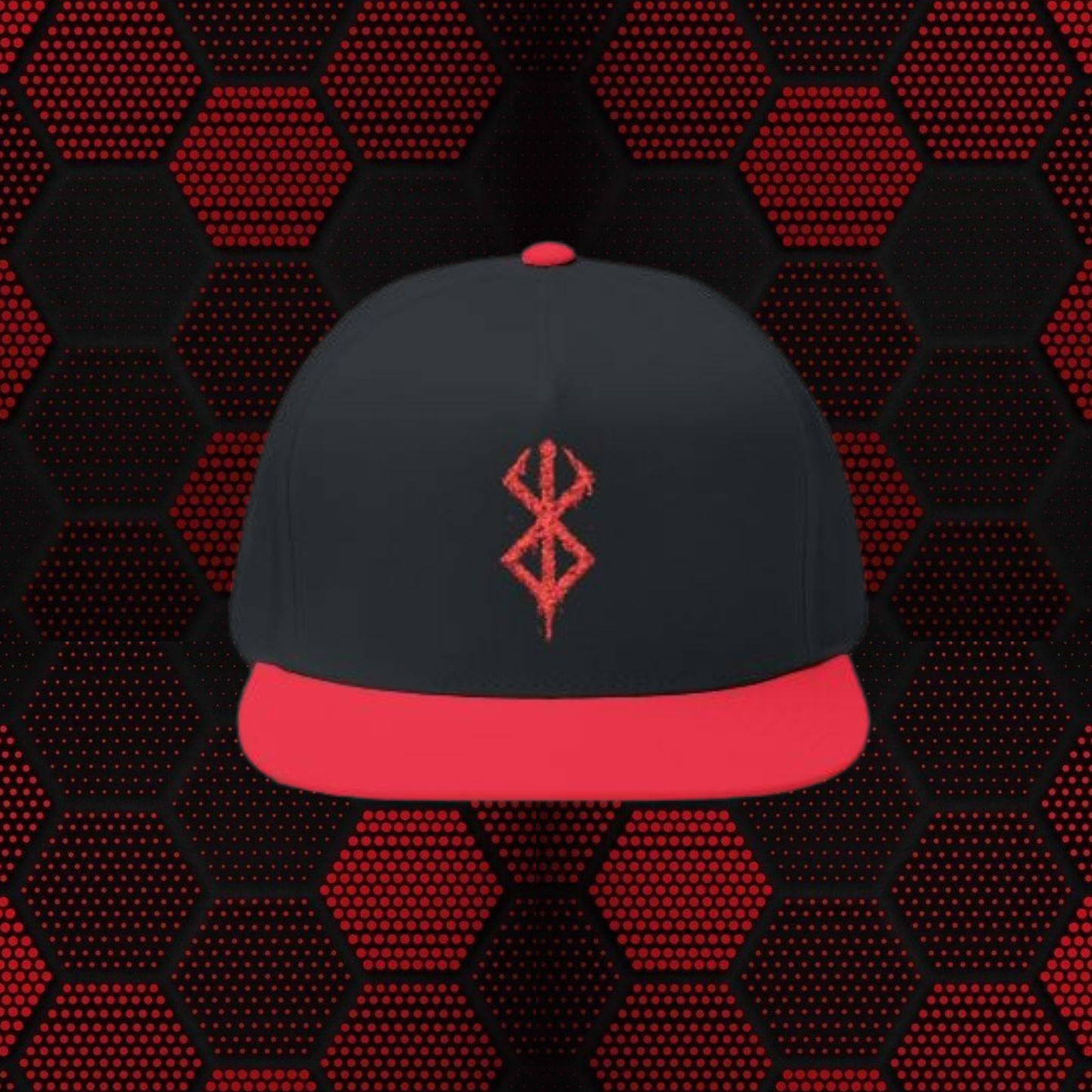 Embroidered Red Viking Rune Flat Bill Cap — Nordic Symbol Snapback Hat