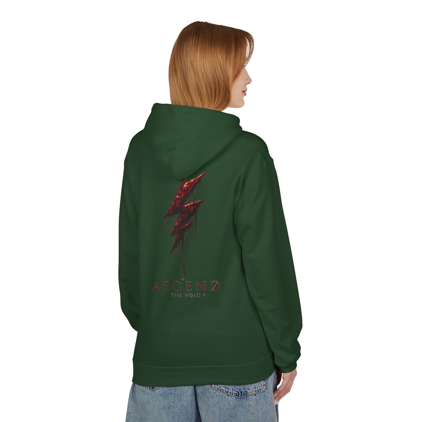 Hoodie — 'ASCEND The Void' Minimalist Logo Pullover with Red Lightning Back Graphic