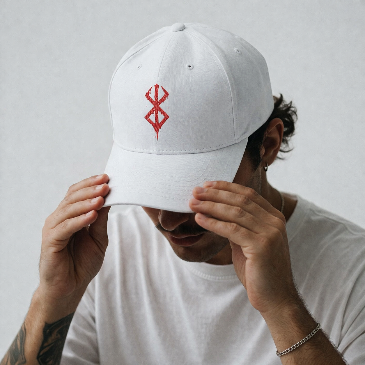 Embroidered Red Viking Rune Flat Bill Cap — Nordic Symbol Snapback Hat