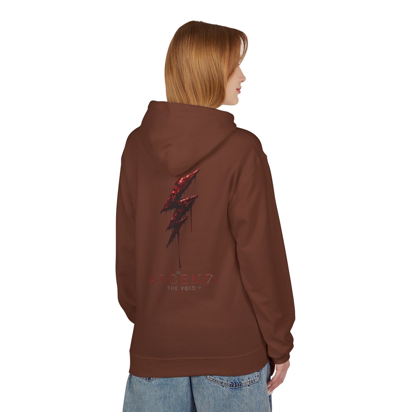 Hoodie — 'ASCEND The Void' Minimalist Logo Pullover with Red Lightning Back Graphic