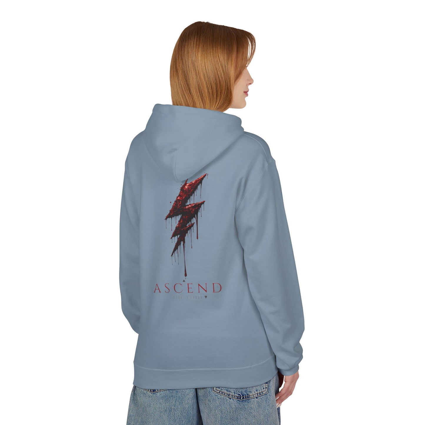 Hoodie — 'ASCEND The Void' Minimalist Logo Pullover with Red Lightning Back Graphic