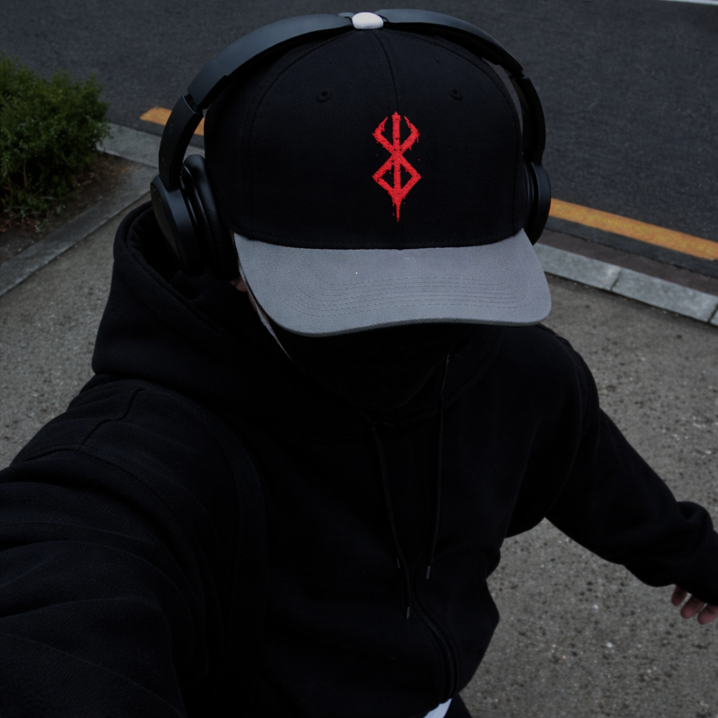 Embroidered Red Viking Rune Flat Bill Cap — Nordic Symbol Snapback Hat