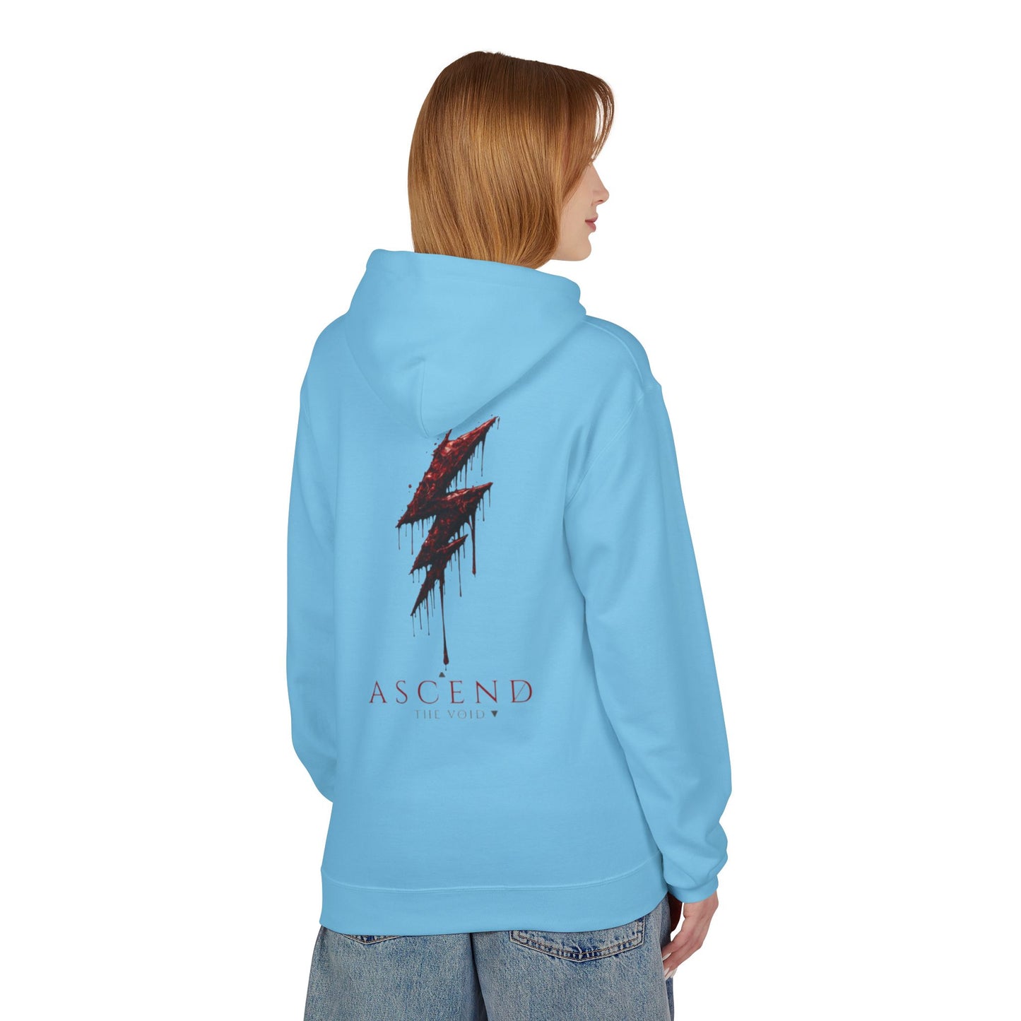 Hoodie — 'ASCEND The Void' Minimalist Logo Pullover with Red Lightning Back Graphic