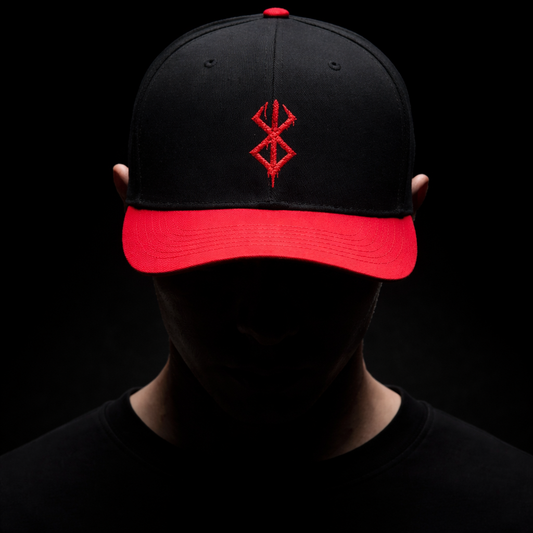 Embroidered Red Viking Rune Flat Bill Cap — Nordic Symbol Snapback Hat