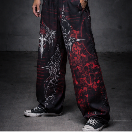 Gothic Skull Men's Pajama Pants – Dark Red Cross Print Loungewear