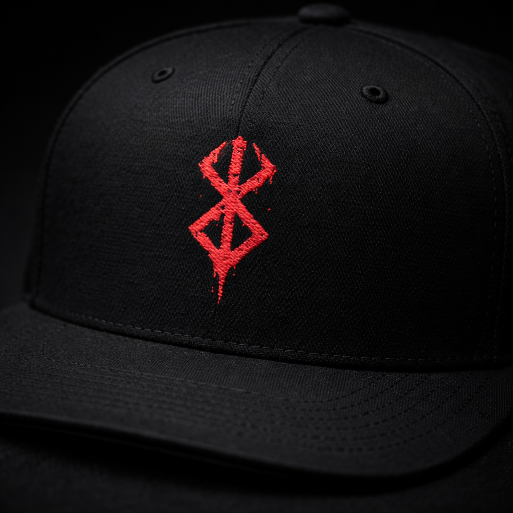 Embroidered Red Viking Rune Flat Bill Cap — Nordic Symbol Snapback Hat