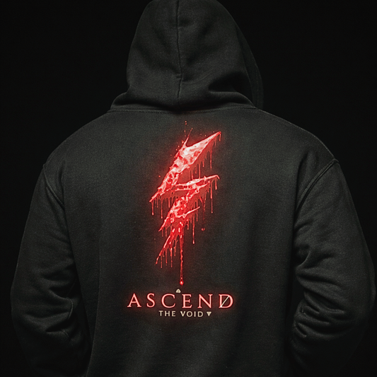 Hoodie — 'ASCEND The Void' Minimalist Logo Pullover with Red Lightning Back Graphic